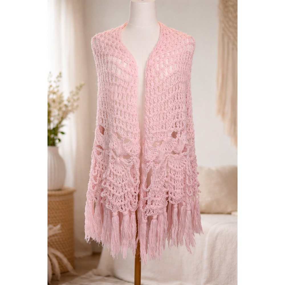 English Village Hand Crochet Vest Womens Pink Fringe Boho Granny Cottagecore VTG